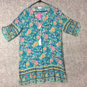 HALIFE WOMEN'S L BOHO DRESS TUNIC 3/4 SLEEVES TIES SLITS Floral Turquoise NWT